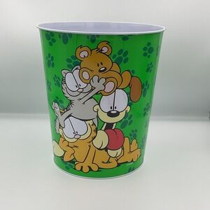 Vintage Garfield Cartoon Metal Trash Can Green Decor 10" x 9"